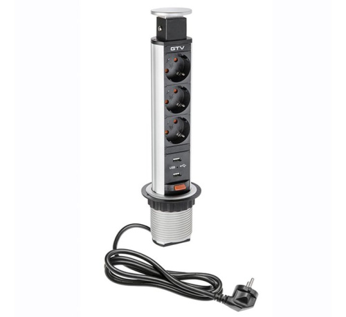 Удлинитель настольный врезной 60мм (3 розетки 220V, 2хUSB 2) серебро