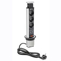 Удлинитель настольный врезной 60мм (3 розетки 220V, 2хUSB 2) серебро