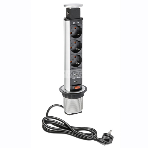 Удлинитель настольный врезной 60мм (3 розетки 220V, 2хUSB 2) серебро