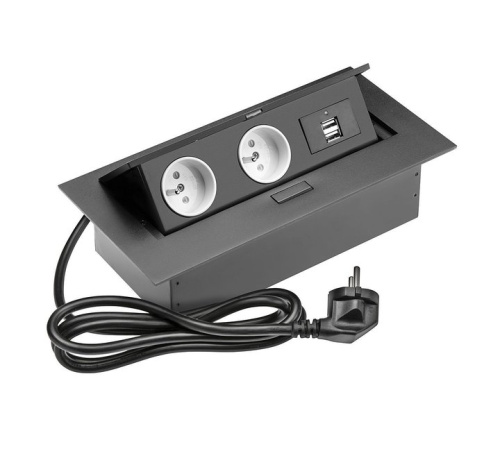 Удлинитель врезной прямоуг.с заземлением (2 розетки, 2USB, 220V), черный Удлинитель врезной прямоуг.с заземлением (2 розетки, 2USB, 220V), черный